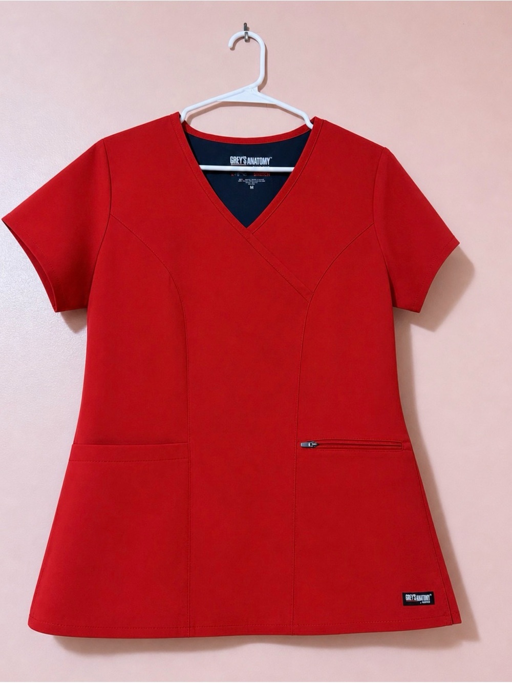 Grey's Anatomy Bright Red V-Neck Scrub Top with Zip Pocket